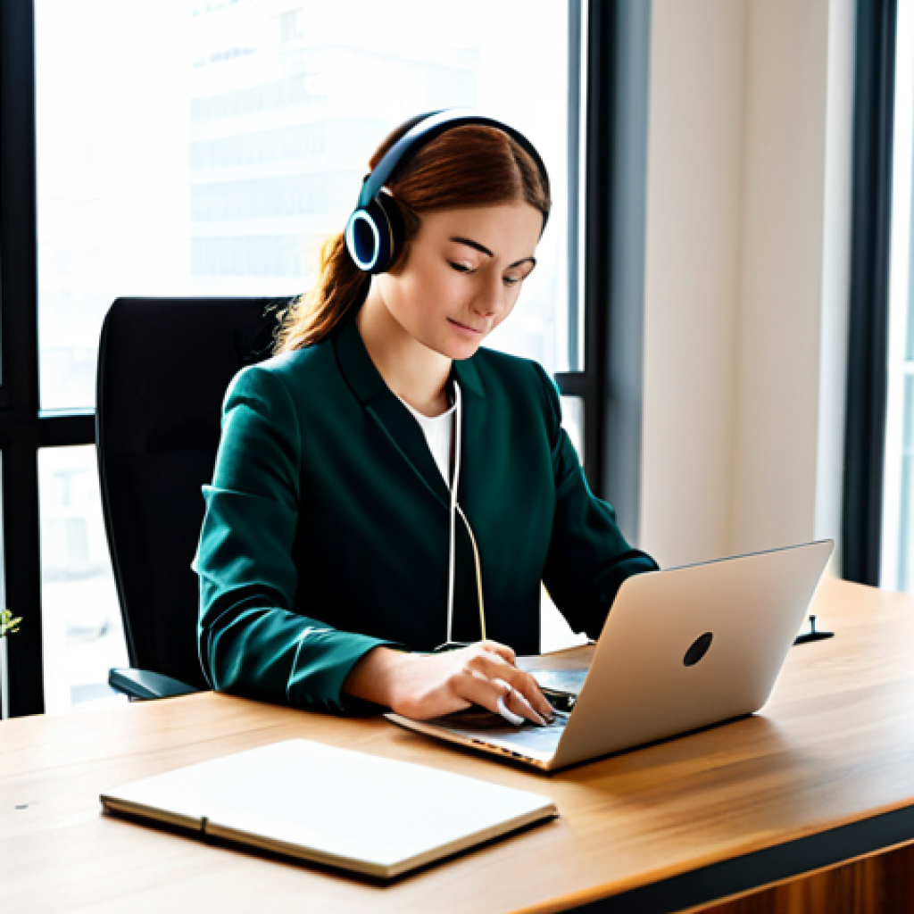 A focused professional, fully clothed in a modest business casual outfit, sits comfortably at an ergonomic desk in a modern, calm workspace. Large windows provide abundant natural light, illuminating the orderly desk. On the desk, a laptop, a neat notebook, a pen, a small green plant, and a subtle essential oil diffuser are visible. The individual wears discreet noise-cancelling headphones. A glass of water and a warm tea mug are placed nearby. The overall atmosphere is one of serene productivity and deep concentration, appropriate content, safe for work, professional dress, perfect anatomy, correct proportions, natural pose, well-formed hands, proper finger count, natural body proportions, high-quality photography.
