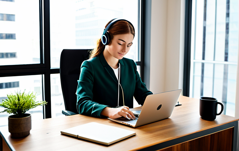 A focused professional, fully clothed in a modest business casual outfit, sits comfortably at an ergonomic desk in a modern, calm workspace. Large windows provide abundant natural light, illuminating the orderly desk. On the desk, a laptop, a neat notebook, a pen, a small green plant, and a subtle essential oil diffuser are visible. The individual wears discreet noise-cancelling headphones. A glass of water and a warm tea mug are placed nearby. The overall atmosphere is one of serene productivity and deep concentration, appropriate content, safe for work, professional dress, perfect anatomy, correct proportions, natural pose, well-formed hands, proper finger count, natural body proportions, high-quality photography.