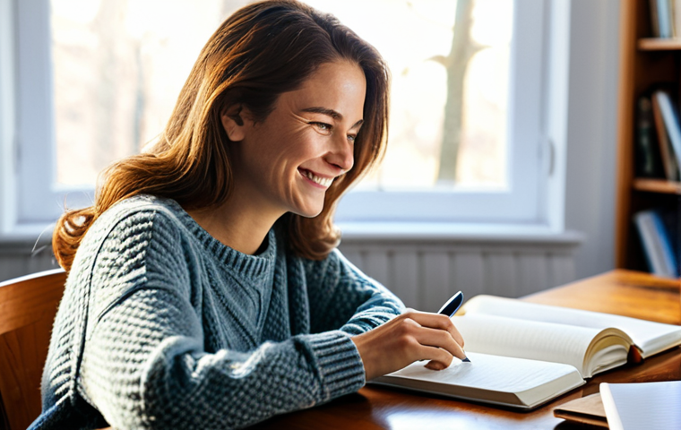 Overcoming Writer's Block**
"A woman, fully clothed in a cozy sweater and jeans, sitting at a wooden desk in a sunlit room, surrounded by books and papers. She's smiling slightly, with a pen in her hand, looking thoughtfully at a notebook. Soft, natural lighting. Safe for work, appropriate content, professional, modest, family-friendly, perfect anatomy, correct proportions, natural pose, well-formed hands, proper finger count, natural body proportions, focus on the creative process, not on physical appearance."
**