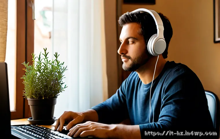 Home 12 플로우 상태를 유도하는 음악 추천 - Photorealistic Italian home workspace at early morning, a focused adult wearing comfortable casual c...