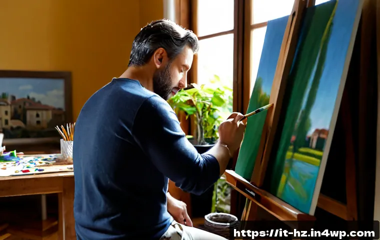 Home 14 플로우 상태와 자아 수용의 중요성 - Photorealistic Italian man in his late 30s working in a quiet sunlit home studio in Milan, fully abs...